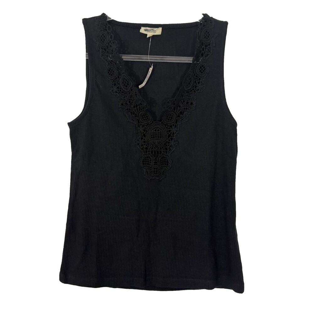 MADEWELL Lace-Trim V-Neck Tank Top L Jet Black Ribbed Knit Elevated NWT B19